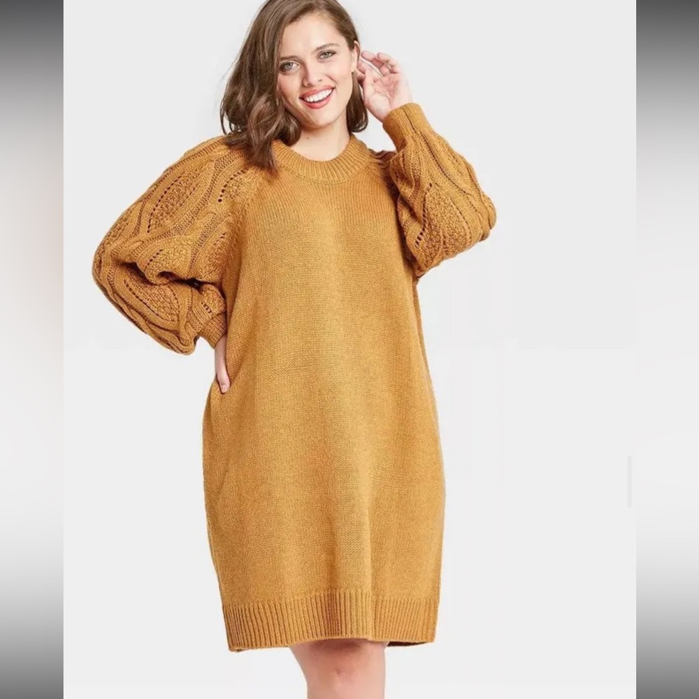 Balloon Long Sleeve Sweater Dress Camel Color SZ XL